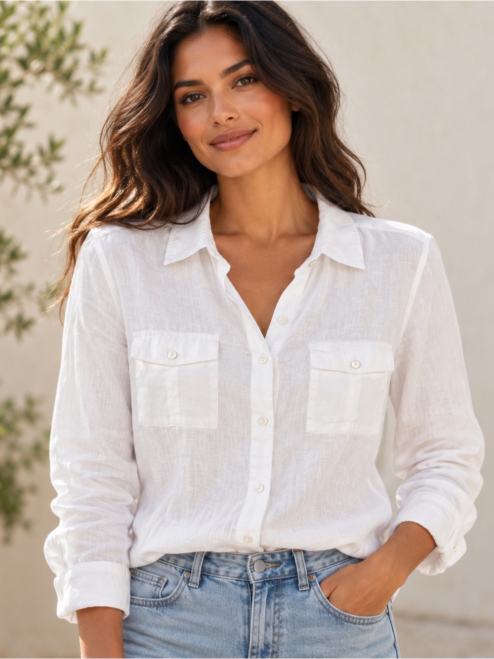 J. Jill White Button-Front Linen-Blend Shirt with Chest Pockets